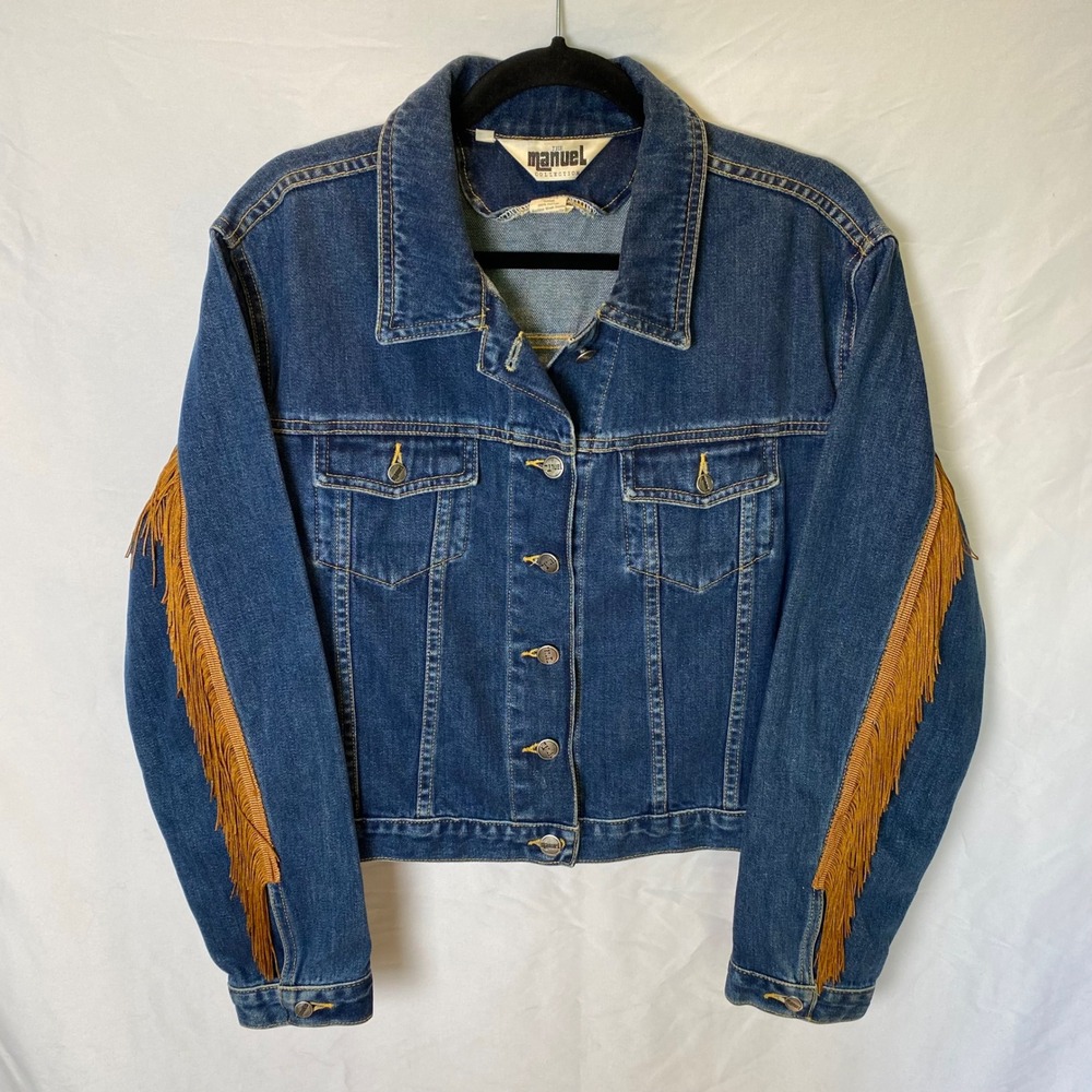 Vintage The Manuel Collection Denim Jacket Women XL Blue Fringe Western Rodeo